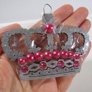 Silver Crown Pink Pearls Laser Cut Wooden Ornament Hangs King Queen